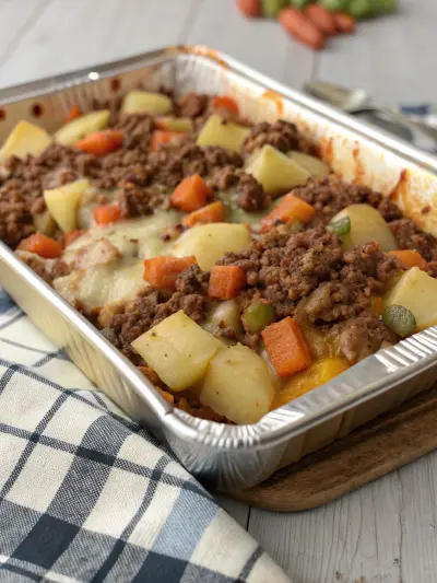 A foil pan of ground beef, sliced potato and carrot under melted cheese.