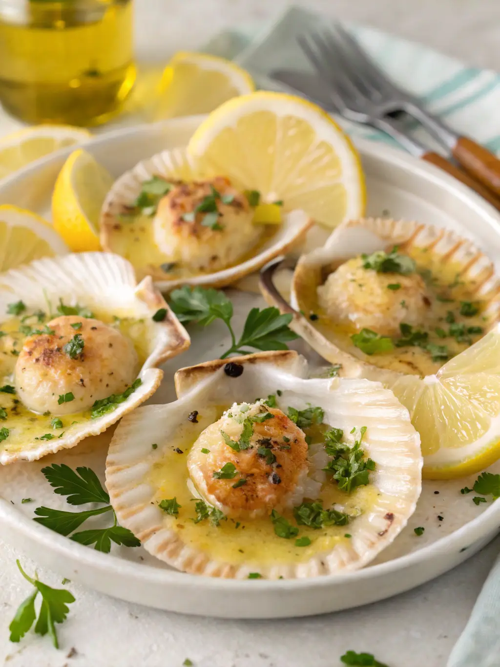 Scallops in their shells under garlic butter and herbs, with lemon slices.