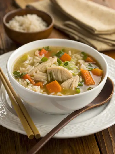 A white bowl of chicken and rice soup with carrots and herbs in a clear broth.