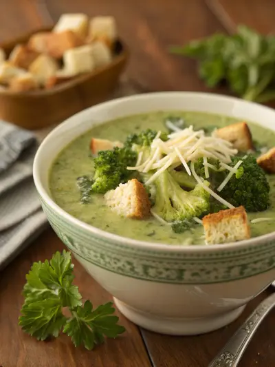 A bowl of creamy broccoli cheddar soup.