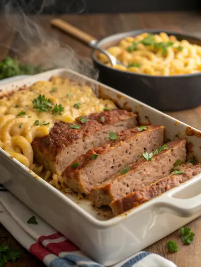 Sliced meatloaf resting on macaroni and cheese in a white baking dish.