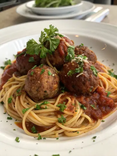 Meatballs in tomato sauce over spaghetti, topped with parsley and grated parmesan.