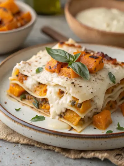 A slice of lasagna layered with butternut squash and white sauce, topped with basil.