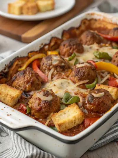 Baked meatballs with bell peppers, onion and melted cheese in a white casserole dish.