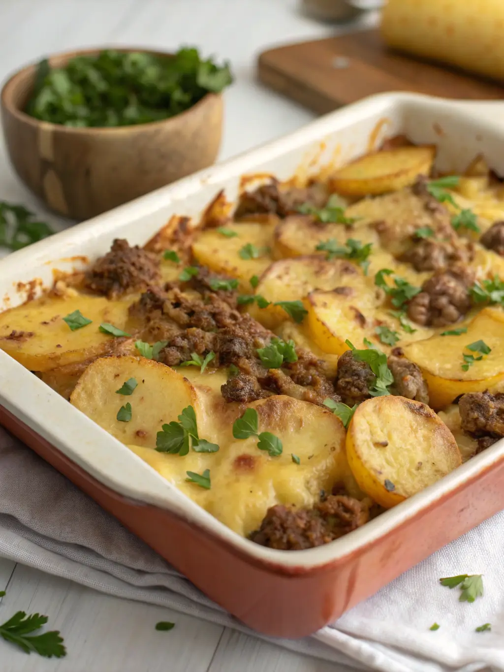 Sliced potatoes layered with ground beef in a creamy sauce in a baking dish.
