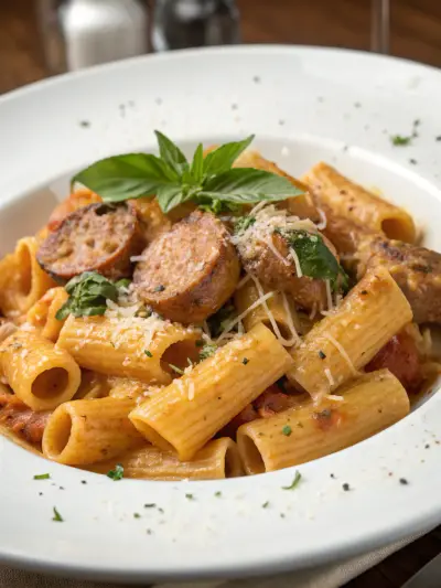 Rigatoni in a creamy tomato sauce with sliced Italian sausage, basil and parmesan.