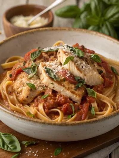 Fettuccine with sliced chicken, sun-dried tomatoes and spinach in a cream sauce.