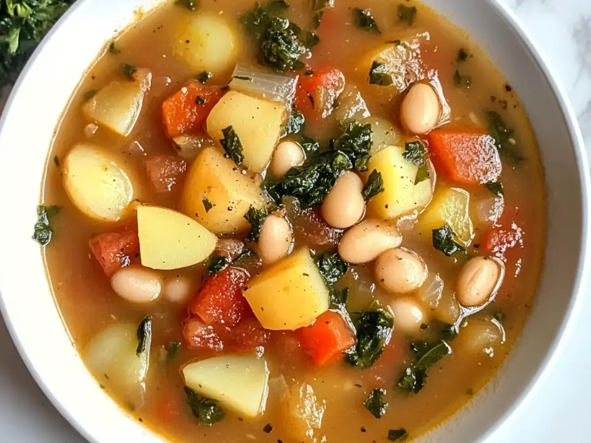 A bowl of white bean soup with greens.