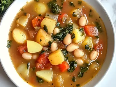 A bowl of white bean soup with greens.