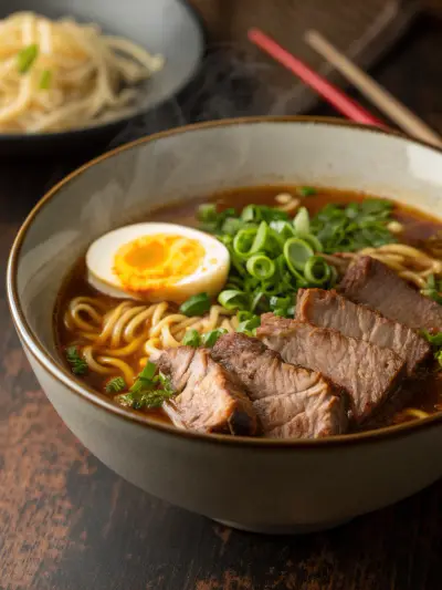 A bowl of beef ramen with sliced steak, noodles and broth.
