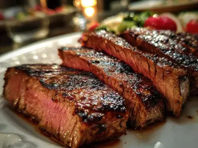 Sliced grilled flank steak with charred edges and a pink center.