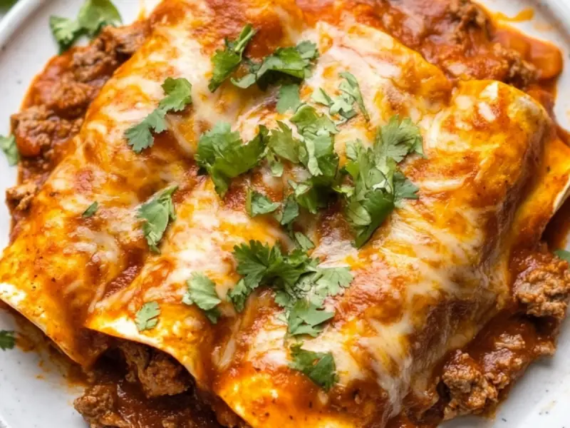 Rolled corn tortillas in a baking dish under red enchilada sauce and melted cheese.