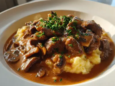 Beef stroganoff with mushrooms served over egg noodles.