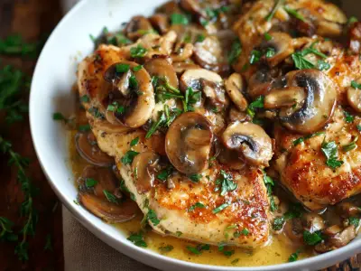 Chicken marsala cutlets with mushrooms in a pan sauce.
