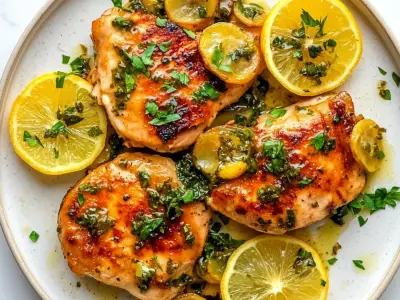 Golden chicken cutlets in a lemon butter sauce with capers and lemon slices.