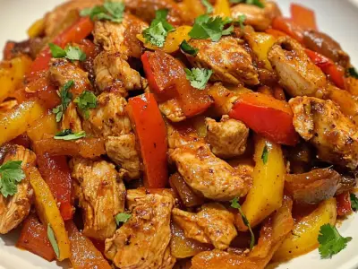 Seared chicken strips with charred bell peppers and onions in a cast-iron skillet, with warm tortillas.