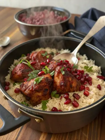 Glazed chicken thighs on rice, scattered with pomegranate seeds and herbs.