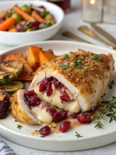 A stuffed chicken breast cut open to show melted brie and whole cranberries.