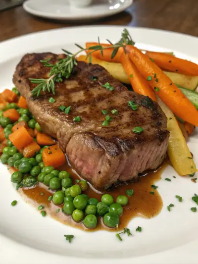 A braised steak in brown gravy with peas and carrot batons alongside.