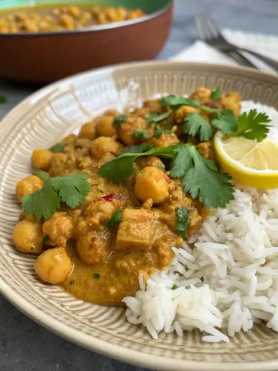 Chickpea curry in a golden coconut sauce beside white basmati rice, topped with cilantro.