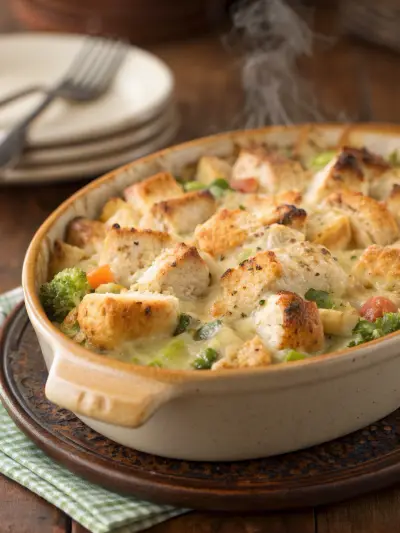 Chunks of chicken and broccoli in a creamy sauce, baked golden in an oval dish.