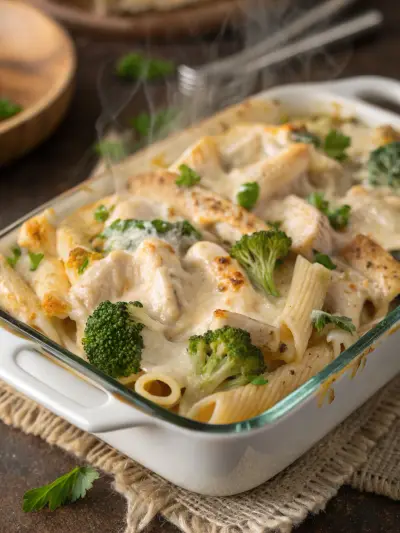 Penne baked with chicken and broccoli in a white cheese sauce in a glass dish.