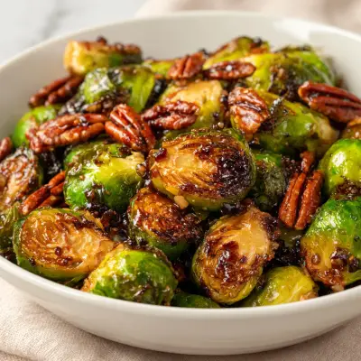 Roasted Brussels Sprouts with Balsamic Glaze & Crunchy Pecans Recipe