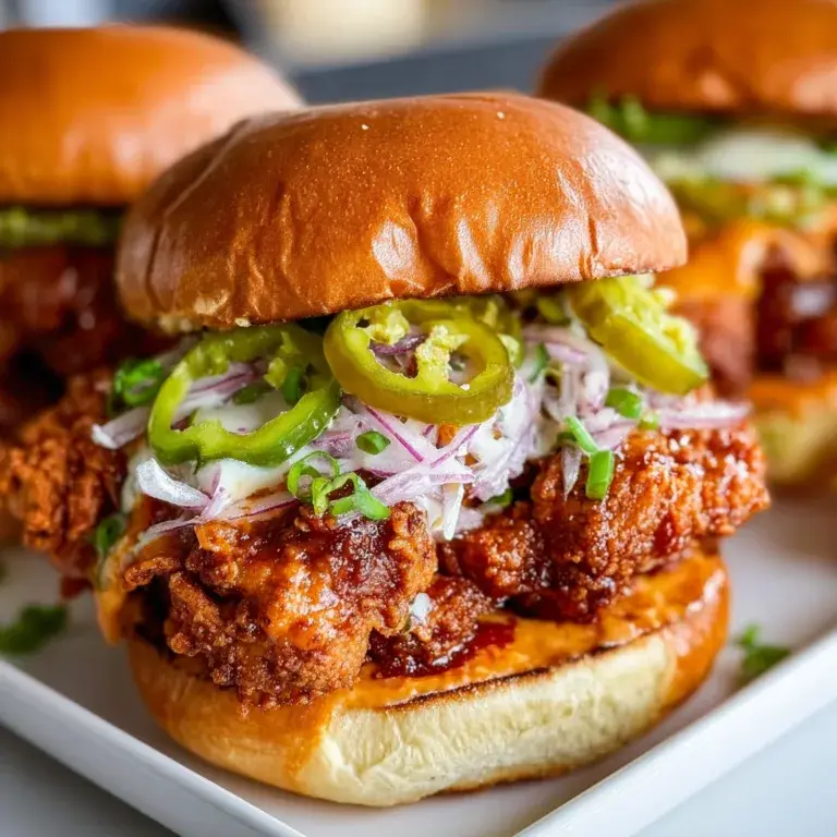 A Nashville hot chicken sandwich on a toasted brioche bun, topped with dill pickles and slaw.
