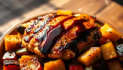 Chicken pieces under a dark balsamic glaze with roasted vegetables.