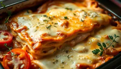 A slice of white chicken lasagna showing layers of pasta, cream sauce, spinach and melted cheese.