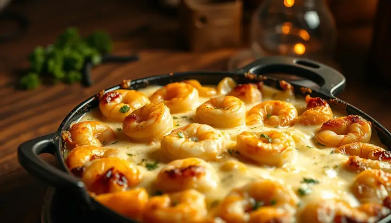 Shrimp baked in a creamy garlic sauce in a dark pan, browned on top.