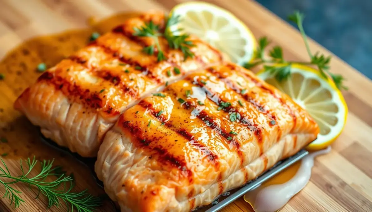 Grilled salmon fillets with crisp skin and grill marks, served with lemon wedges.