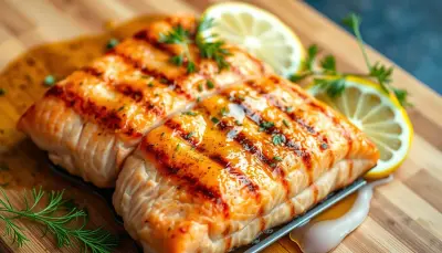 Grilled salmon fillets with crisp skin and grill marks, served with lemon wedges.