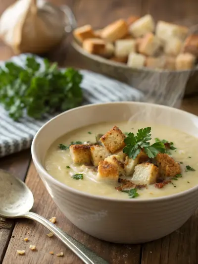 A bowl of creamy potato soup topped with bacon and scallions.