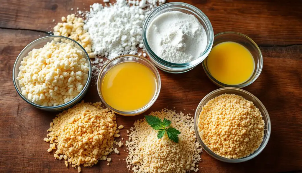 A beautifully lit close-up photograph of the essential breading components for a classic chicken cutlet: fresh breadcrumbs, all-purpose flour, beaten eggs, and seasoned panko breadcrumbs arranged neatly on a rustic wooden surface. The lighting is warm and natural, highlighting the textures and details of each ingredient. The composition is balanced and visually appealing, with the items presented in an organized manner to showcase their role in the recipe. An inviting and mouthwatering scene that captures the simplicity and quality of the chicken cutlet preparation process.