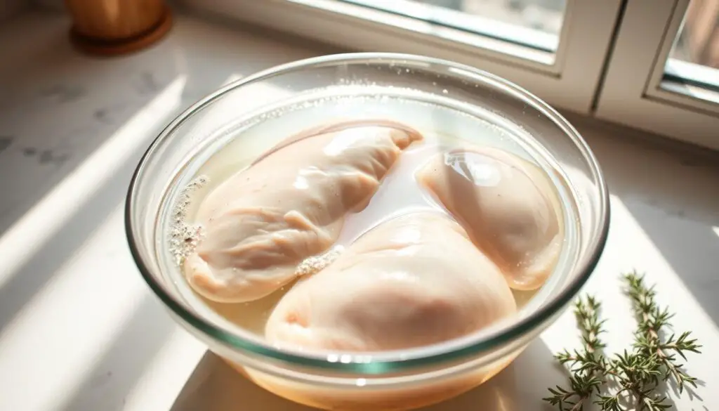 A bright, airy kitchen counter with a glass bowl filled with chicken breasts soaking in a clear brine solution. The brine has a faint shimmer from the dissolved salt and herbs, casting a soft glow on the chicken. Bright natural light from a nearby window illuminates the scene, casting warm shadows and highlights on the glossy, pale chicken breasts. The countertop is clean and uncluttered, with a few sprigs of fresh thyme or rosemary nearby, hinting at the flavors infusing the meat. The overall mood is calm, serene, and subtly inviting - a visual representation of the "secret" to perfect, moist, and tender chicken breasts.