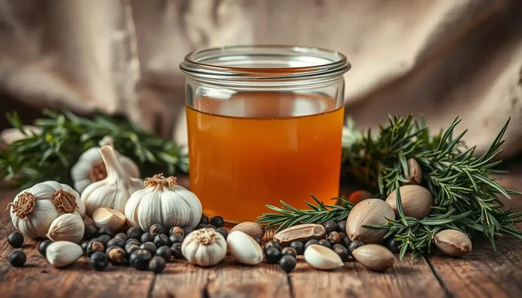 A close-up, highly detailed shot of a selection of key chicken brine ingredients arranged on a rustic wooden surface. In the foreground, there are whole garlic cloves, peppercorns, bay leaves, and sprigs of fresh thyme and rosemary. In the middle ground, a glass container filled with a clear, amber-colored liquid (the brine) sits prominently. The background features a linen or burlap-like cloth, creating a warm, homey atmosphere. The lighting is soft and natural, with a slight vignette effect to draw the eye to the center of the frame. The overall mood is one of simplicity, quality, and the promise of a delicious, well-brined chicken dish.