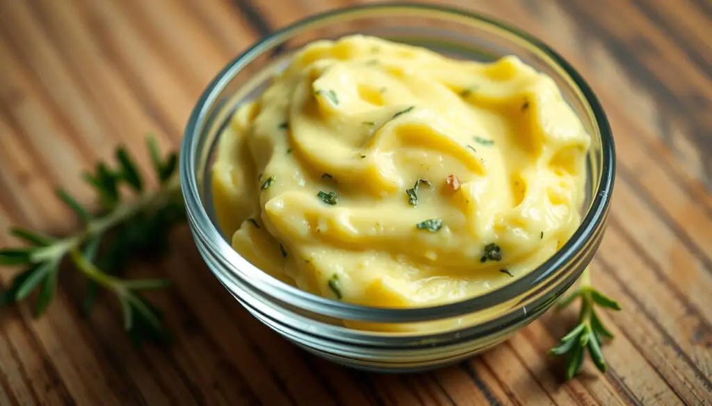 A close-up photograph of a small glass bowl filled with a soft, creamy, golden-yellow garlic herb butter. The butter has a smooth, uniform texture and is flecked with specks of fresh green herbs like parsley, thyme, and rosemary. The bowl is positioned on a clean, rustic wooden surface, with a natural lighting setup that casts a warm, inviting glow across the scene. The image is shot from slightly above, using a wide aperture to create a shallow depth of field, ensuring the butter is the focal point while the background remains softly blurred. An overall appetizing, mouthwatering, and high-quality food photography aesthetic.