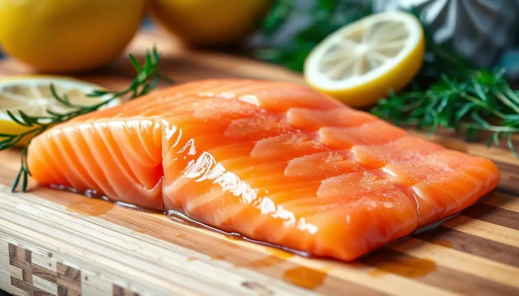 A close-up shot of a fresh, high-quality salmon fillet, glistening with a light sheen and showcasing its vibrant orange-pink hue. The fish is positioned on a wooden cutting board, surrounded by a few sprigs of dill and lemon slices, creating a natural, rustic backdrop. The lighting is warm and slightly directional, casting soft shadows that accentuate the salmon's firm, flaky texture. The overall composition conveys a sense of culinary excellence, inviting the viewer to imagine the delicious, mouth-watering aroma and flavor of this premium seafood ingredient.
