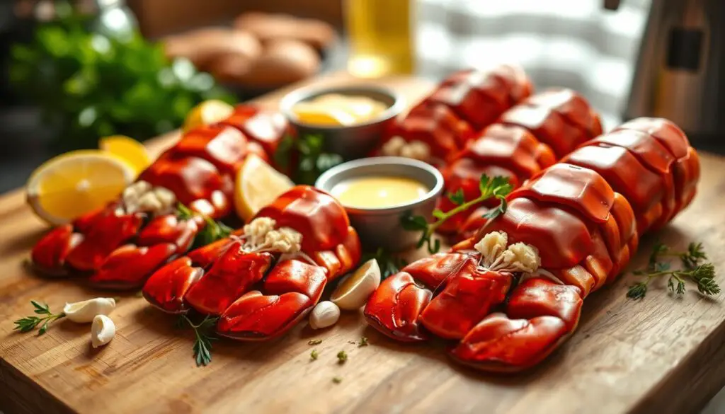 A close-up shot of a wooden table or cutting board, illuminated by soft, natural lighting. In the foreground, a selection of fresh lobster tails arranged artfully, their vibrant red shells glistening. Surrounding the tails, a sprinkling of fresh herbs, lemon wedges, and garlic cloves, hinting at the flavors to come. The middle ground features a small bowl of melted butter, its creamy texture inviting. In the background, a subtle blur of kitchen accessories, suggesting a well-equipped culinary space. The overall composition conveys a sense of anticipation and the promise of a delectable seafood dish.