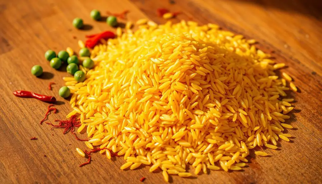 A close-up shot of a wooden table, with a vibrant pile of long-grain rice taking center stage. The grains are plump and glistening, their distinct orange-yellow hue radiating warmth. Surrounding the rice, a scattering of green peas, sliced red peppers, and a few stray saffron threads add pops of color, hinting at the flavorful ingredients that will transform this simple rice into the iconic seafood paella. Warm, natural lighting bathes the scene, casting soft shadows and lending an inviting, homey atmosphere. The overall composition emphasizes the essential, unadorned nature of this fundamental paella component, setting the stage for the dish's other key elements.