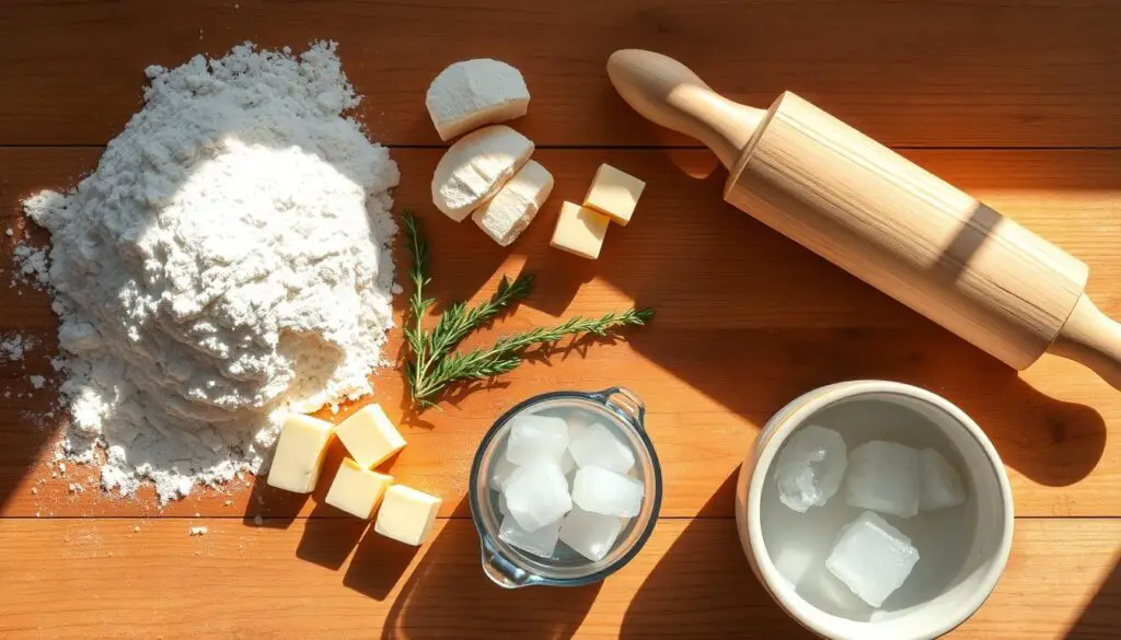 A close-up top-down view of a wooden table, bathed in warm, natural sunlight. On the table, an assortment of classic apple pie crust ingredients are artfully arranged: a pile of all-purpose flour, cubes of chilled unsalted butter, a few sprigs of fresh thyme, a rolling pin, and a ceramic bowl filled with ice water. The ingredients are positioned against a rustic, textured backdrop, creating a cozy, inviting atmosphere. The lighting casts subtle shadows, highlighting the details and textures of the scene. The overall composition emphasizes the simplicity and essential nature of the ingredients needed to make a flaky, homemade apple pie crust.