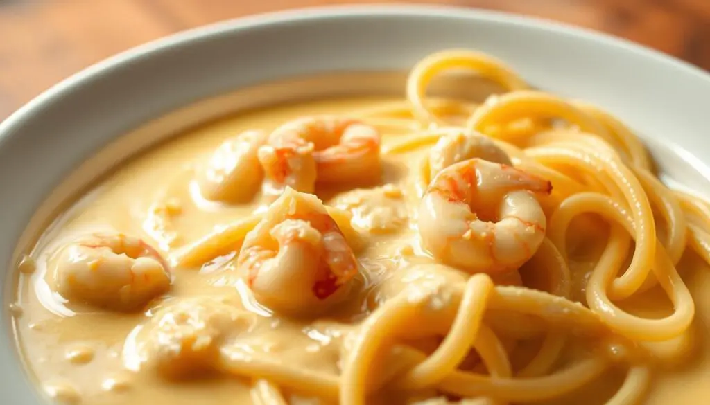 A creamy, luscious pasta sauce, shot in natural light with a shallow depth of field. In the foreground, a rich, velvety sauce made with heavy cream, parmesan, and a hint of garlic. Suspended in the sauce, delicate pieces of shrimp and scallops. The middle ground features al dente pasta noodles, coiled and glistening. In the background, a wooden table or surface, with a subtle texture, creating a warm, rustic ambiance. The lighting is soft and diffused, casting gentle shadows and highlights, enhancing the appetizing visuals. The overall scene evokes a sense of culinary indulgence and homemade comfort.