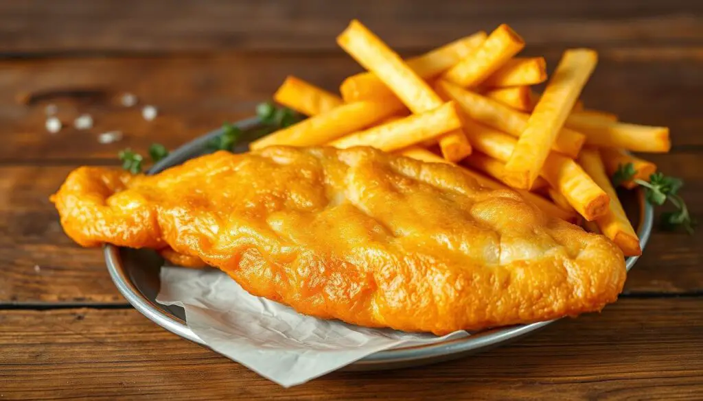A crisp golden-brown fillet of freshly fried fish, its flaky texture glistening under the warm light. Alongside, a generous portion of thick-cut potato fries, perfectly crisped on the outside and fluffy within. The arrangement is set against a backdrop of a rustic wooden surface, evoking the classic ambiance of a traditional British seaside eatery. Hints of sea salt, lemon, and fragrant herbs waft through the air, complementing the mouthwatering display. The lighting casts a soft, inviting glow, highlighting the dish's vibrant colors and tantalizing details.