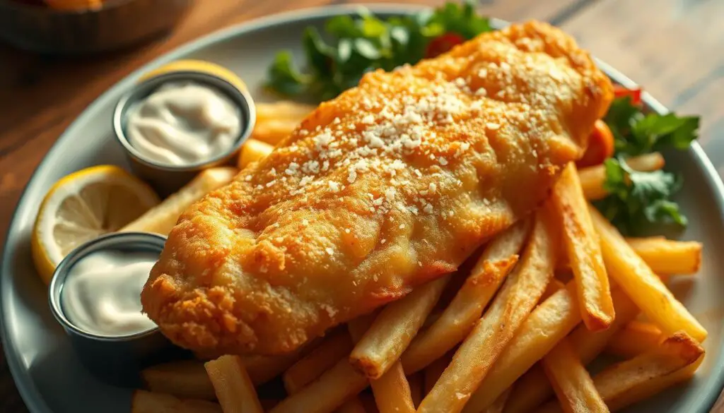 A crisp, golden-brown fish fillet resting atop a generous pile of hand-cut, thick-cut fries, sprinkled with a flurry of sea salt. The fish has a delicate, flaky texture, the batter a perfect crunch. Surrounding the plate, a vibrant array of lemon wedges, tartar sauce, and a simple green salad add pops of color and freshness. The scene is illuminated by warm, natural lighting, casting a cozy glow. Captured from a high angle, the image conveys the comforting essence of this classic British dish, ready to be savored.