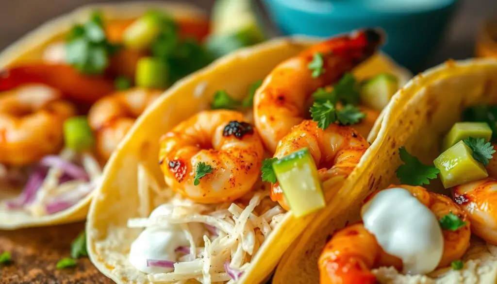 A delectable close-up of spicy shrimp tacos, nestled in soft corn tortillas and garnished with vibrant toppings. The shrimp, seared to perfection, are lightly coated in a tantalizing blend of Mexican seasonings, radiating a warm, inviting glow under natural lighting. The crisp cabbage slaw and tangy lime crema add a fresh, crunchy contrast, while diced avocado and a sprinkle of cilantro contribute pops of creamy richness and herbal notes. Captured in a shallow depth of field, the taco assembly is the star, positioned centrally against a softly blurred backdrop, conveying an effortless, weeknight-friendly ambiance.