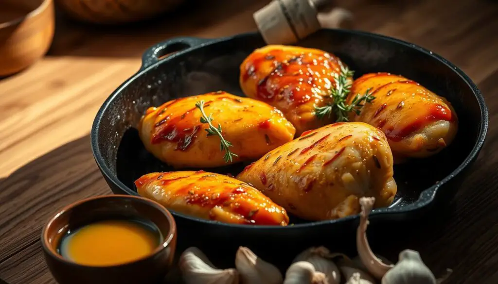 A delectable honey garlic chicken dish, sizzling on a cast-iron skillet against a backdrop of wooden kitchen countertops. The golden-brown chicken breasts glisten with a sticky-sweet glaze, garnished with fresh thyme sprigs. Dramatic side lighting casts subtle shadows, accentuating the succulent texture. In the foreground, a small dish of honey and a handful of whole garlic cloves, the key ingredients that infuse this simple yet flavorful meal. The composition evokes a sense of rustic elegance, inviting the viewer to imagine the mouthwatering aroma and satisfying crunch of this perfect weeknight dinner solution.