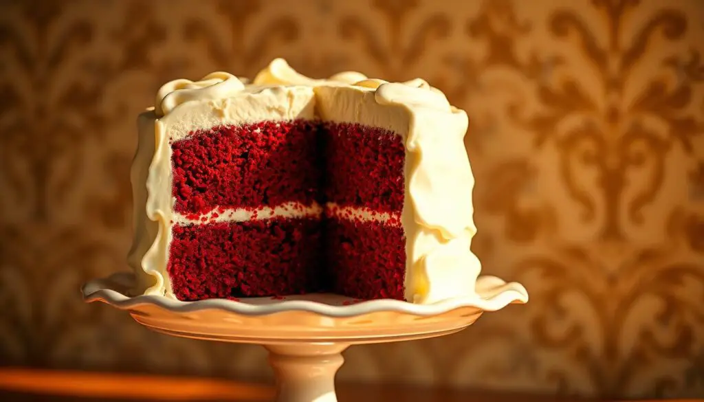 A delicately layered red velvet cake, its deep crimson crumb contrasting with the lush, pillowy cream cheese frosting that cascades down the sides. The cake is presented on a vintage-inspired porcelain cake stand, bathed in warm, golden light that casts a soft, inviting glow. In the background, a subtle texture of retro-style wallpaper or fabric adds a touch of old-world charm, evoking the rich history and enduring appeal of this classic American dessert.