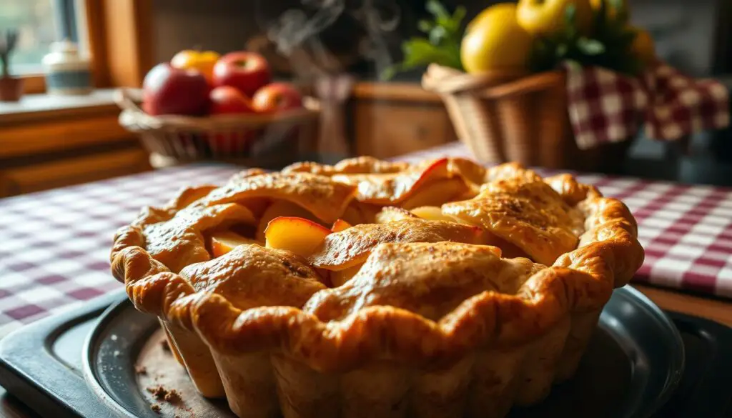 A freshly baked homemade apple pie, its golden-brown crust glistening under the warm light of a cozy kitchen. The flaky pastry perfectly encases a filling of juicy, aromatic apple slices, seasoned with cinnamon and a hint of brown sugar. Wisps of steam rise from the pie, inviting you to take a slice and savor the comforting flavors. In the background, a timeless kitchen scene, with wooden cabinets, a checkered tablecloth, and a rustic basket of seasonal produce. The overall atmosphere is one of homemade goodness, nostalgia, and the simple pleasures of a classic American dessert.