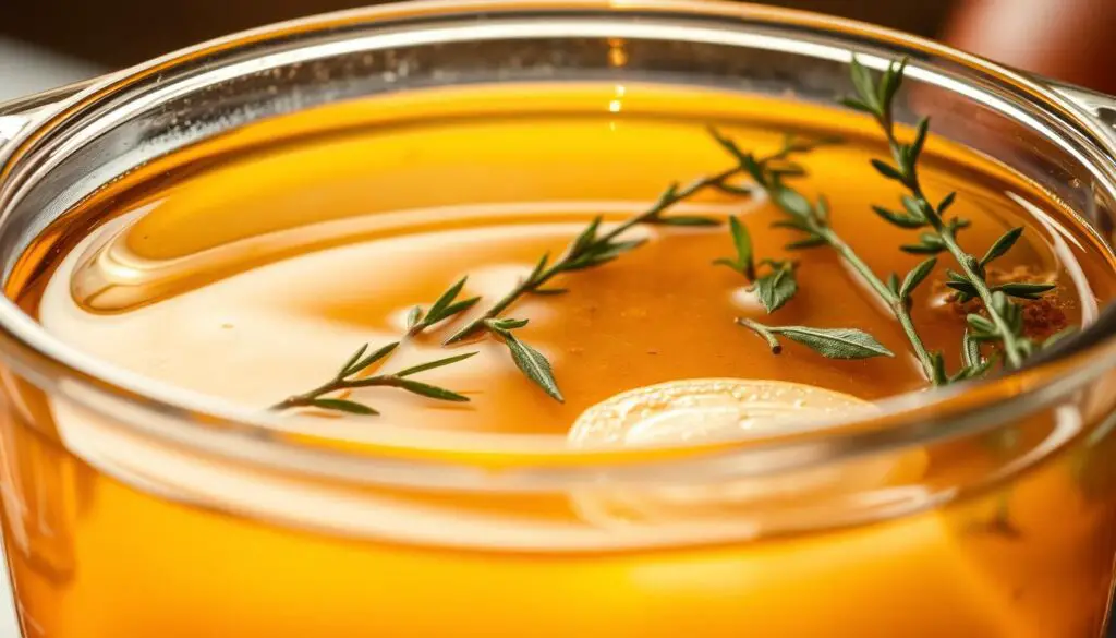 A glass container filled with a clear, golden-hued liquid, surrounded by fresh sprigs of herbs and spices. The liquid gently reflects the warm, diffused lighting from above, casting a soft, inviting glow. The scene is captured from a slightly elevated angle, emphasizing the transparency of the liquid and the interplay of light and shadow. The overall atmosphere conveys a sense of culinary preparation and the promise of tender, flavorful poultry.